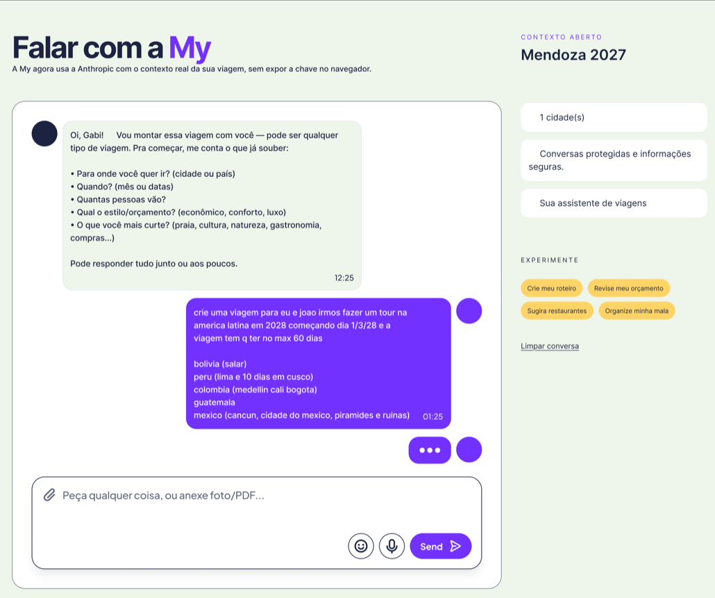 Tela de conversa com a My montando uma viagem pela América Latina